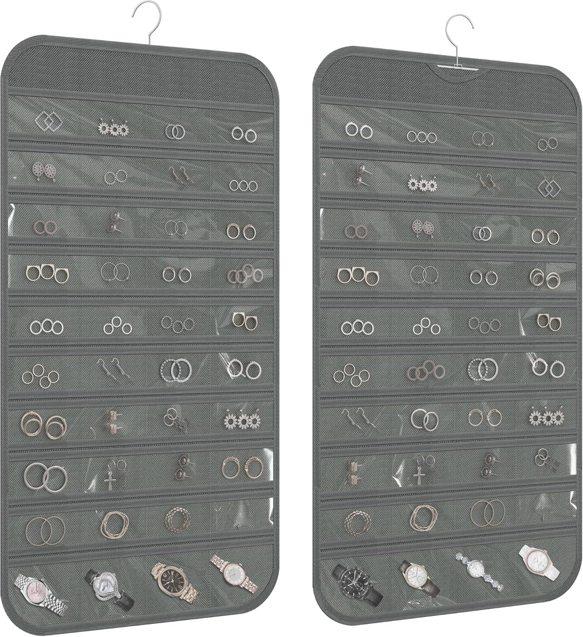 Hanging Jewelry Organizer 80-Pocket Double-Sided Storage, 2-Pack, Gray
