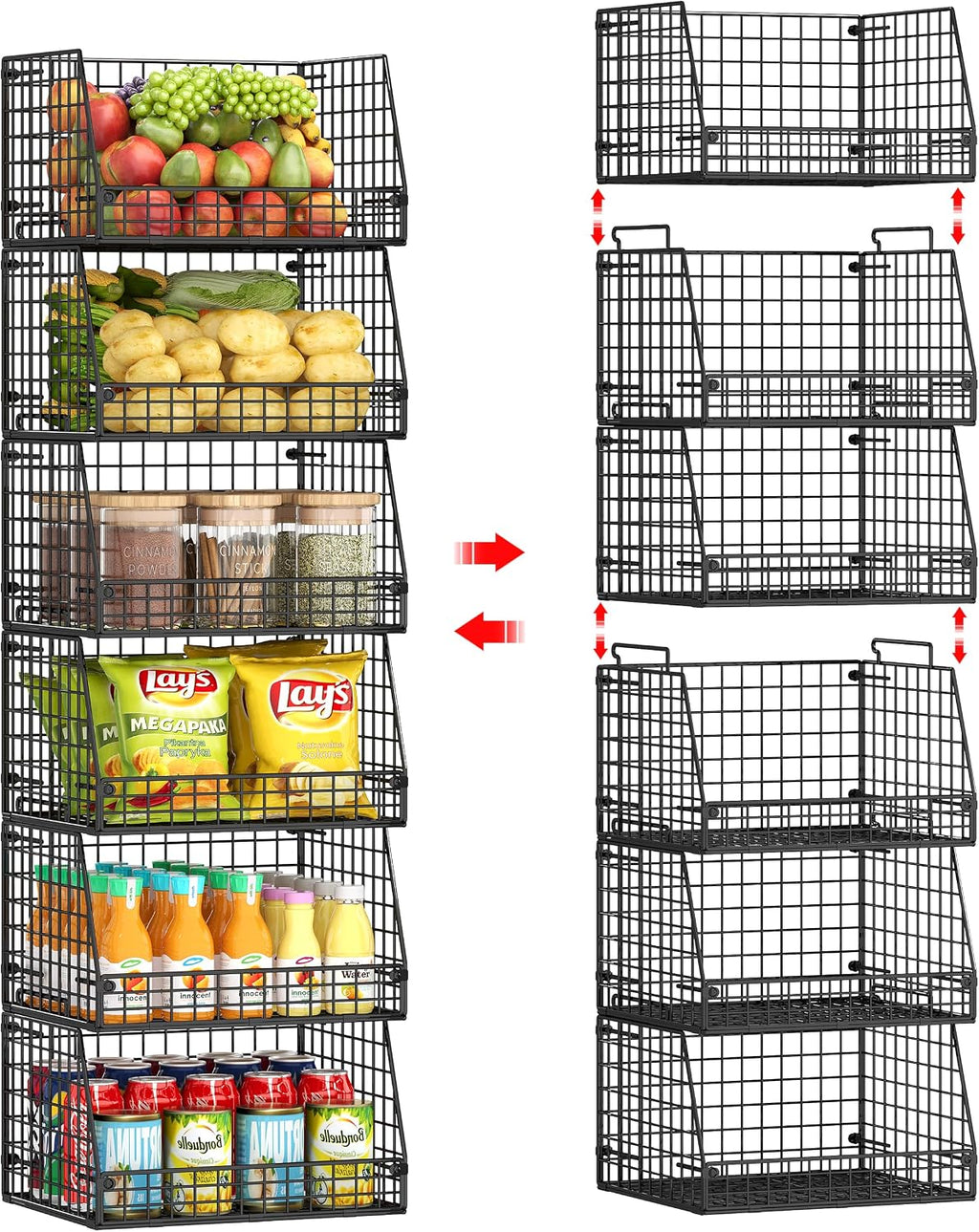 Jakyitvi 6 Pack Stackable Wire Baskets for Pantry,6 Pank Metal Pantry Organizer Storage Bins for Kitchen Snack, Fruit, Potato, Onion & Vegetable Storage, Wire Baskets for Pantry Organization