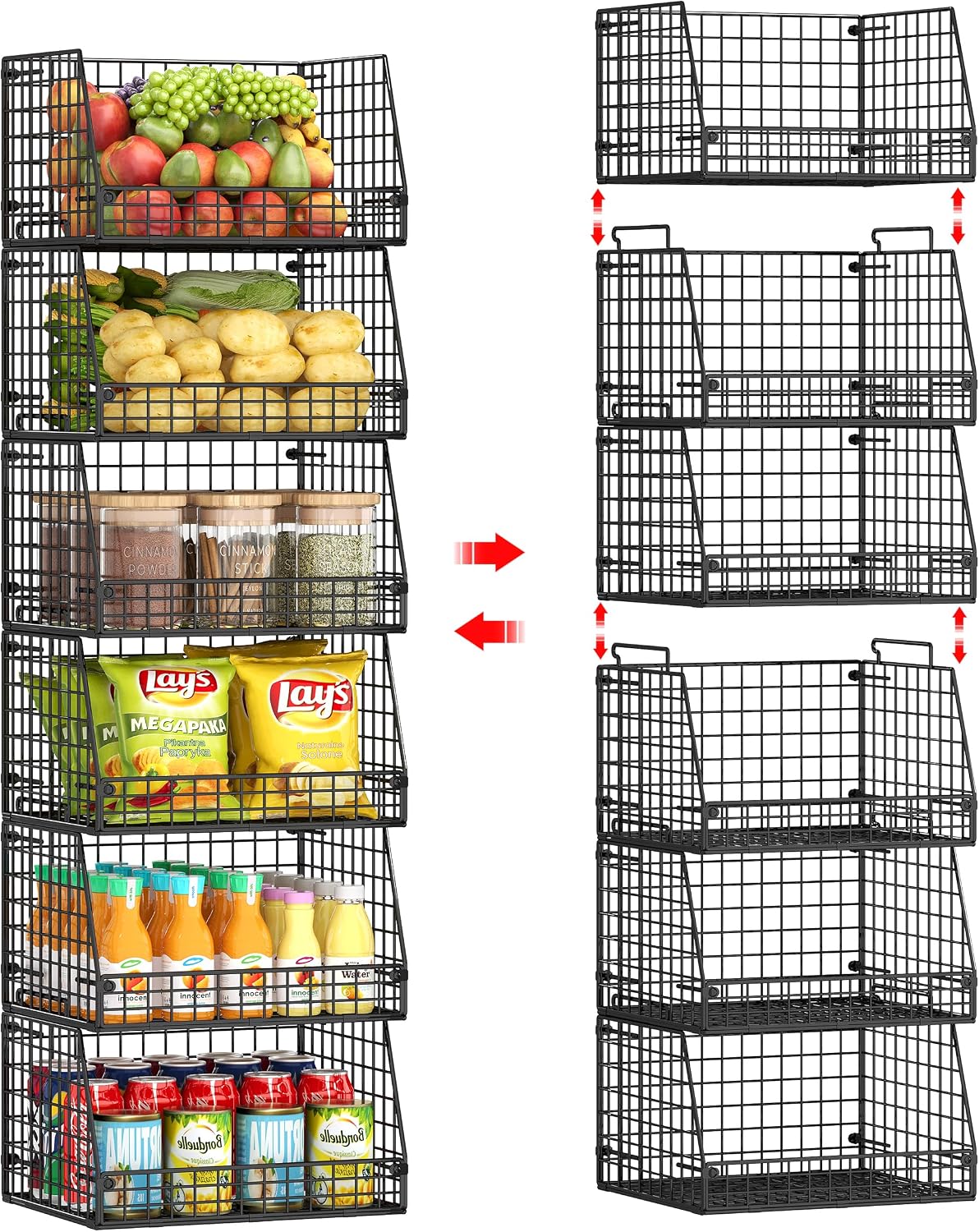Jakyitvi 6 Pack Stackable Wire Baskets for Pantry,6 Pank Metal Pantry Organizer Storage Bins for Kitchen Snack, Fruit, Potato, Onion & Vegetable Storage, Wire Baskets for Pantry Organization