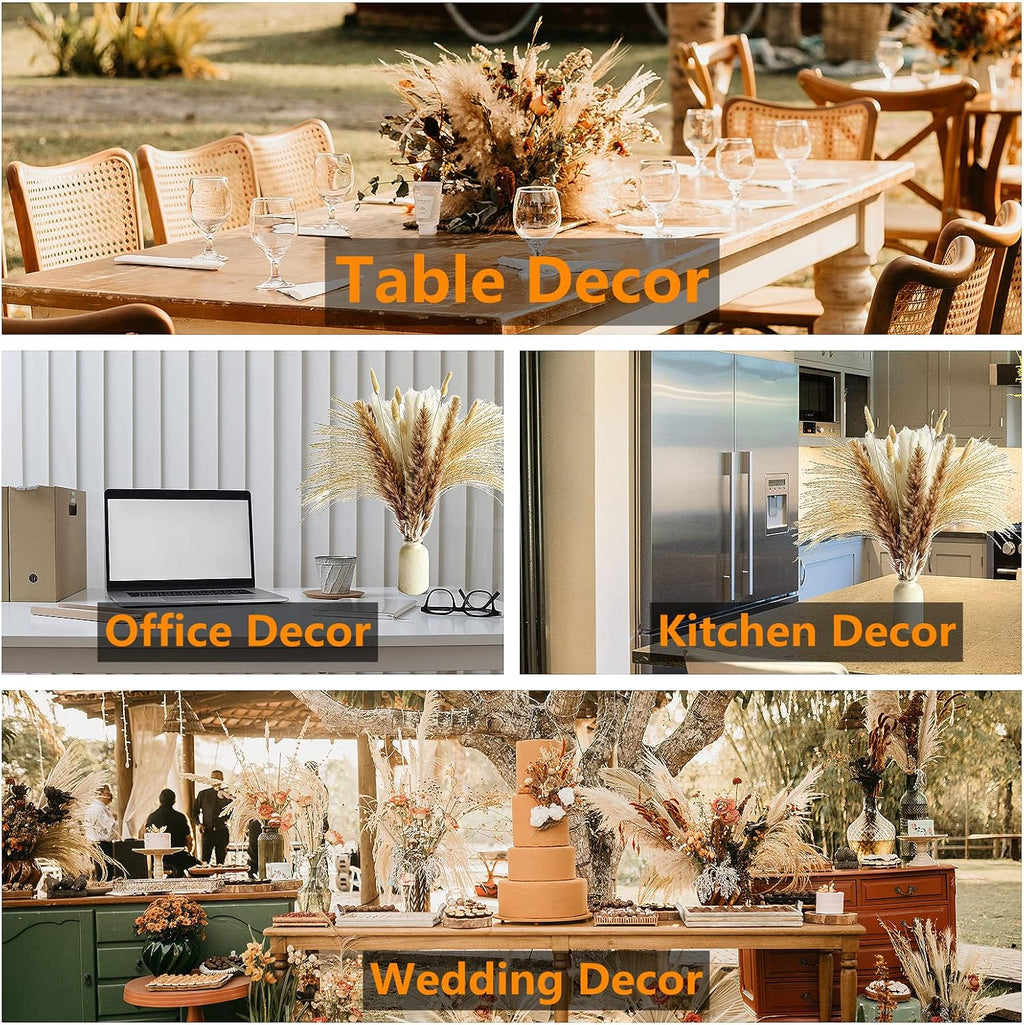 110 PCS of Boho Pampas Grass Decor, Naturally Dried Pompas, Bunny Tails Dried Flowers, and dried eucalyptus. Perfect for Weddings, Boho Party Decorations, and Table Decor.