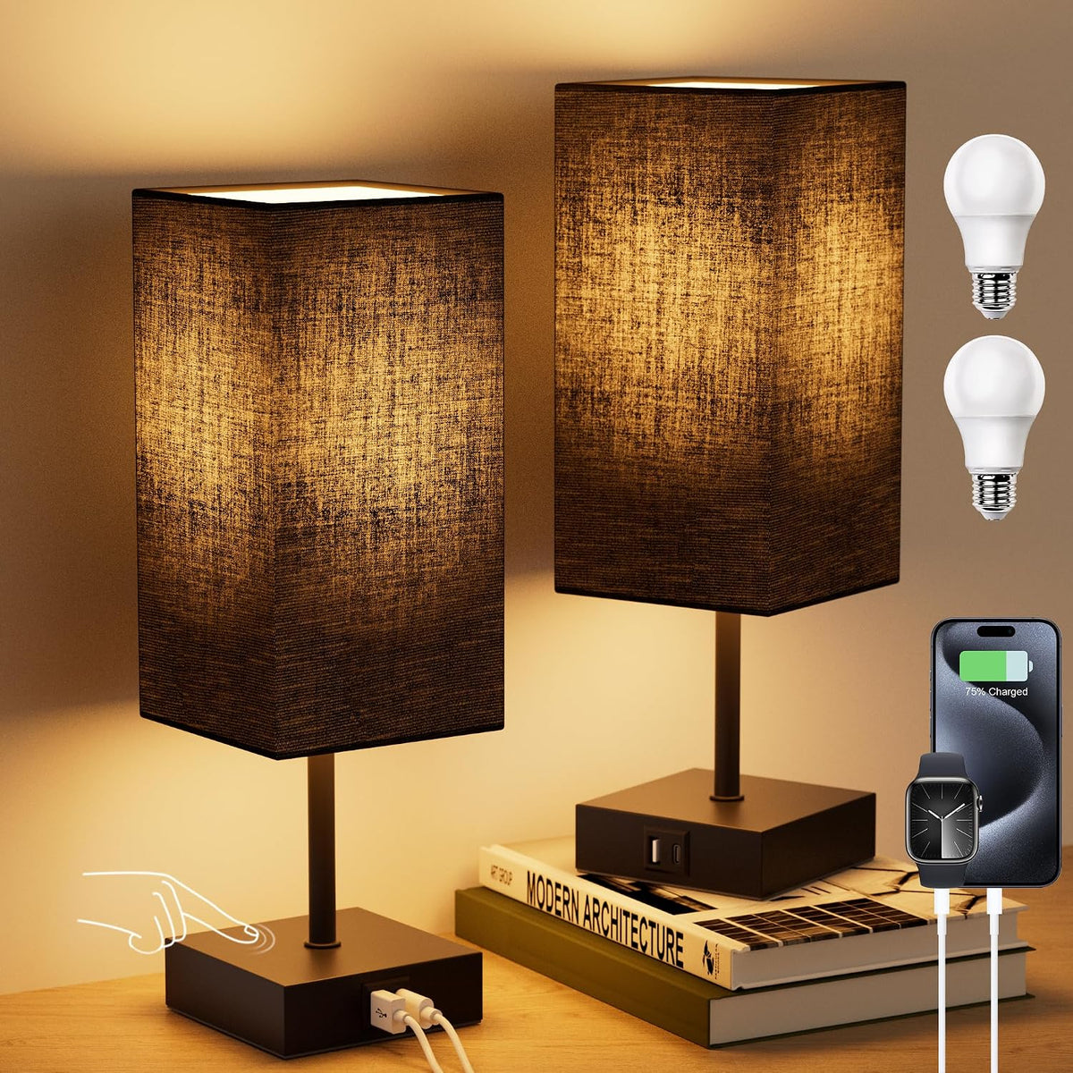 Touch Bedside Table Lamp for Bedroom, 14-Inch, Black, Set of 2