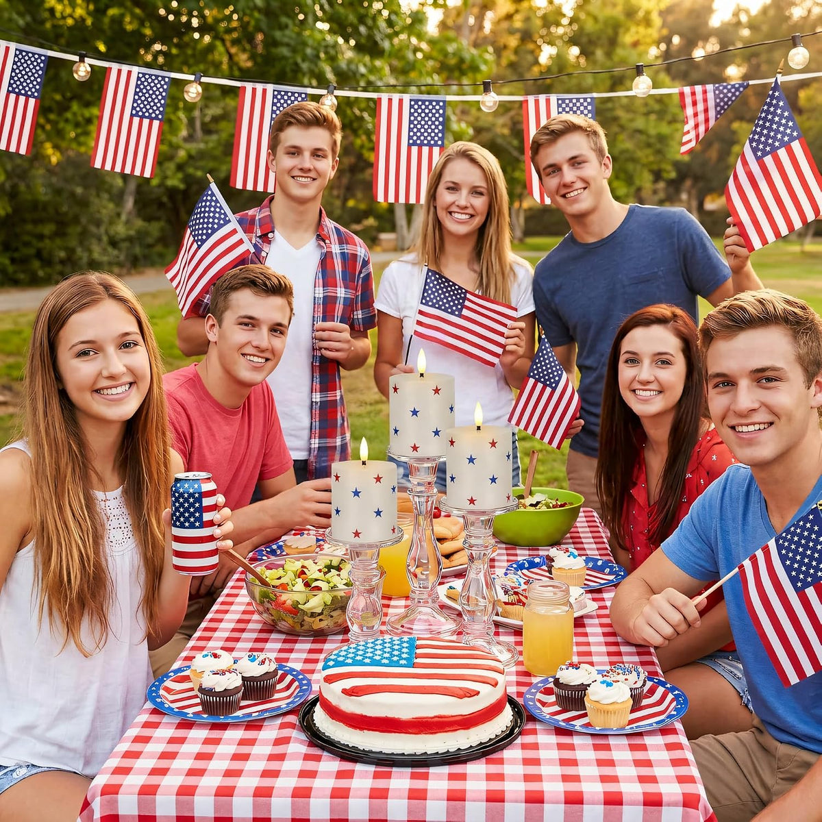 4th of July Flameless Pillar Candles with Red White and Blue Star Stickers, 250th Anniversary Patriotic Battery Operated LED Pillar Candles with Remote and Timer, Real Wax Candle Set of 3