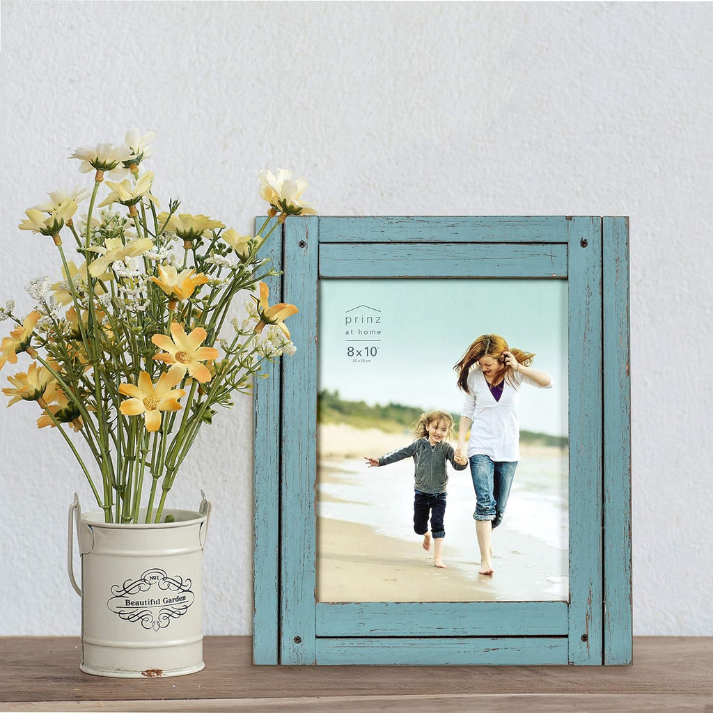 Prinz Homestead 8x10 Distressed Blue Rustic Wood Picture Frame, Two-Way Easel, Tabletop or Wall-Mounted