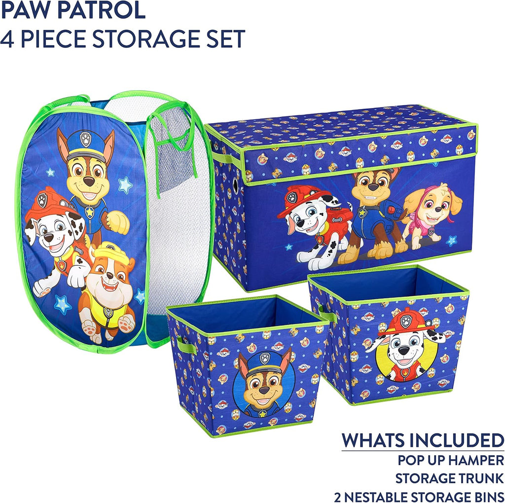 Paw Patrol 4-Piece Kids Storage Set with Pop-Up Hamper, Collapsible Toy Trunk & 2 Nestable Bins, Bedroom & Playroom Organizer