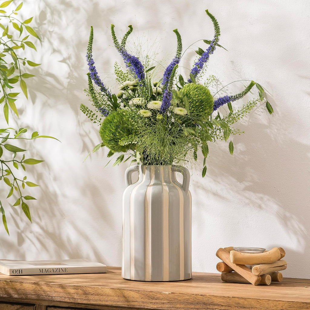 SURE YUESI Grey Ceramic Vase with Handles, Modern Farmhouse Striped Decorative Vase, 9.1" Art Deco Tall Flower Vases for Pampas Grass, Shelf Decor, Dining Table Centerpiece, Living Room Home Decor