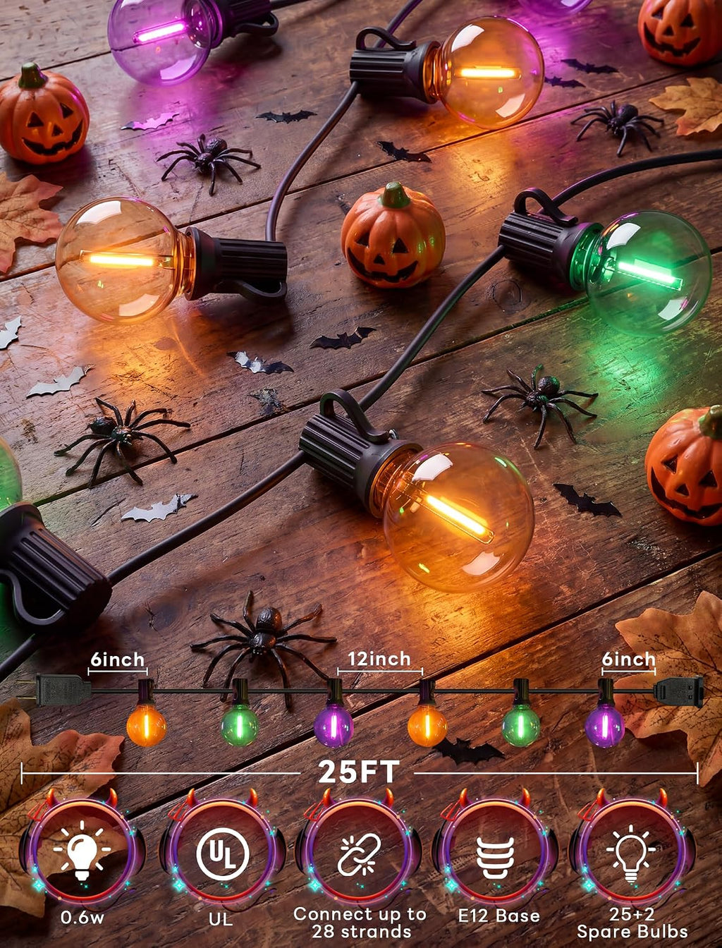 25FT G40 Halloween Outdoor String Lights with 27 LED Shatterproof Bulbs