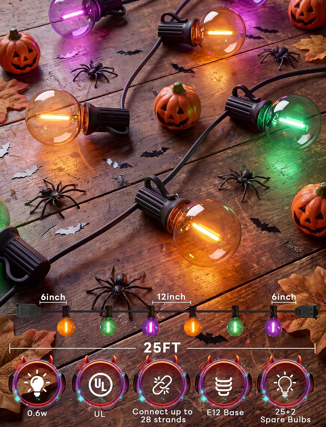 25FT G40 Halloween Outdoor String Lights with 27 LED Shatterproof Bulbs