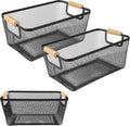 2 Pack 12" Wide Metal Mesh Baskets with Bamboo Handles for Pantry Organization | Wire Storage Bins for Kitchen, Cabinet, Fruit & Snacks | Decorative Farmhouse Style Organizer