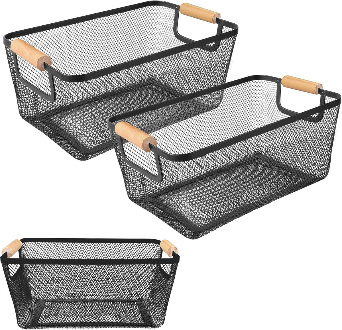 2 Pack 12" Wide Metal Mesh Baskets with Bamboo Handles for Pantry Organization | Wire Storage Bins for Kitchen, Cabinet, Fruit & Snacks | Decorative Farmhouse Style Organizer