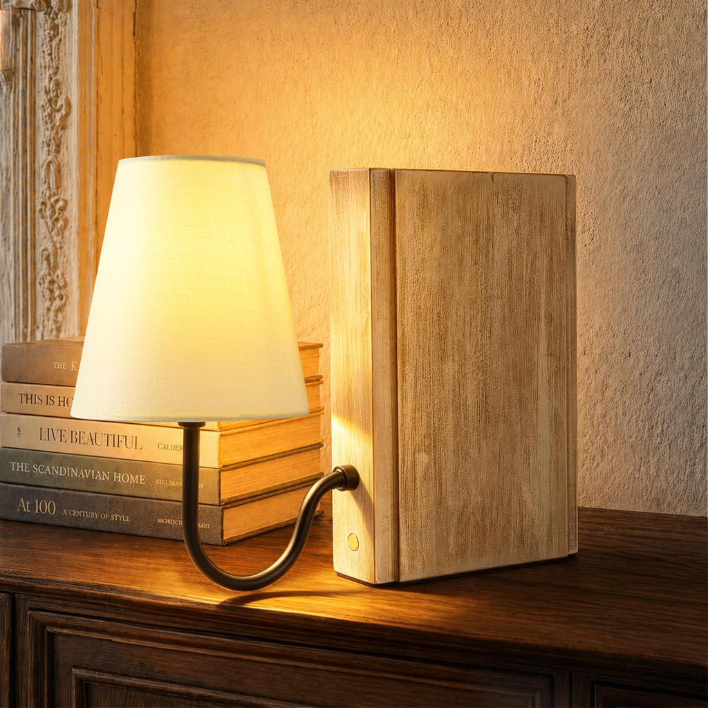 AELS Solid Wood Bookshelf Lamp with Bulb, Cordless Rechargeable Touch Dimmable Table Lamp with Linen Fabric Shade, Modern Decorative Bookend Lamp for Bedroom, Office & Bookshelf Decor, Natural