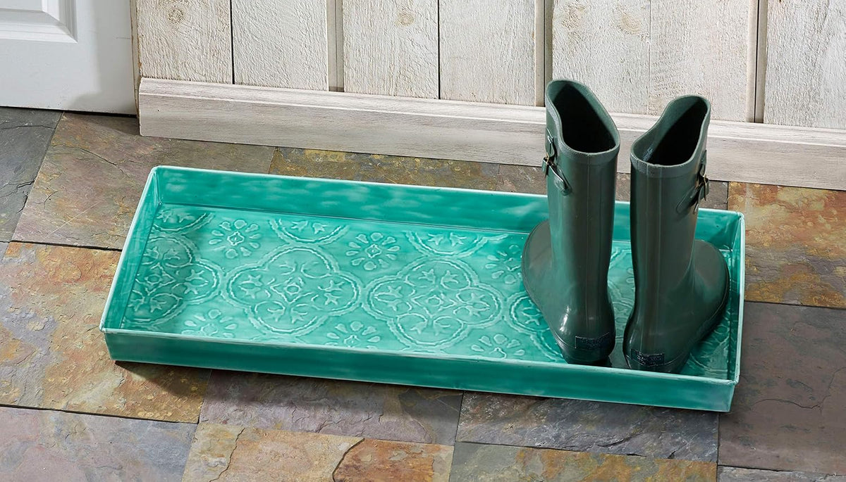 HF by LT Medallion Pattern Enamel Boot-Tray, 30 x 13 inches, Turquoise