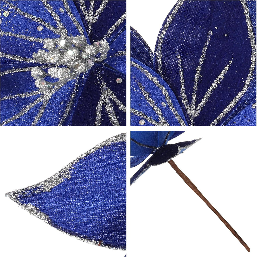 10.2’’ Large Glitter Christmas Flowers 6 Pcs Artificial Poinsettia Flower Velvet Christmas Tree Flower Ornaments Fold Floral for Christmas Decorations New Year Party Wedding (Blue)