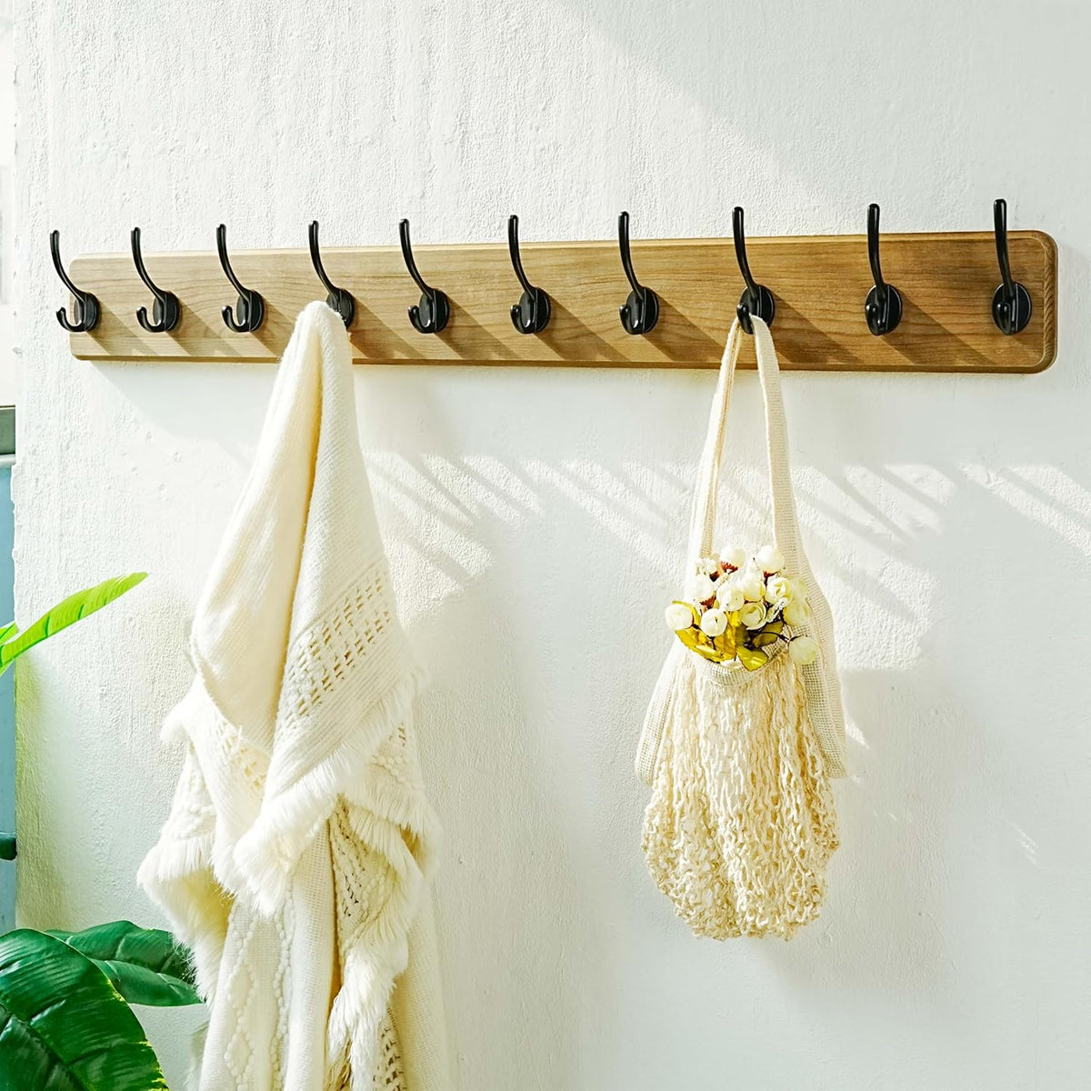 Dseap Coat Rack Wall: 38-1/4" Long, Patented, Heavy-Duty, 10-Double-Hooks Wooden Wall Mounted Coat Rack Coat Hanger Hook Rail for Winter Coats Hat Jacket Clothing, Weathered Brown