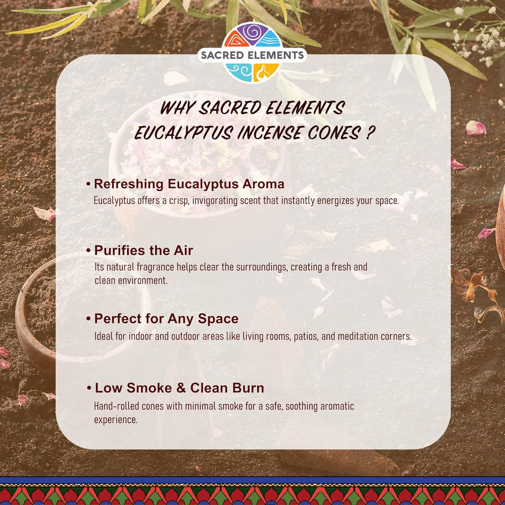 Sacred Elements Organic Incense Cones – Eucalyptus Scent (Pack of 4) | Natural Aromatherapy for Relaxation & Focus | Handcrafted, Low Smoke, Long-Lasting Fragrance for Home & Workspace