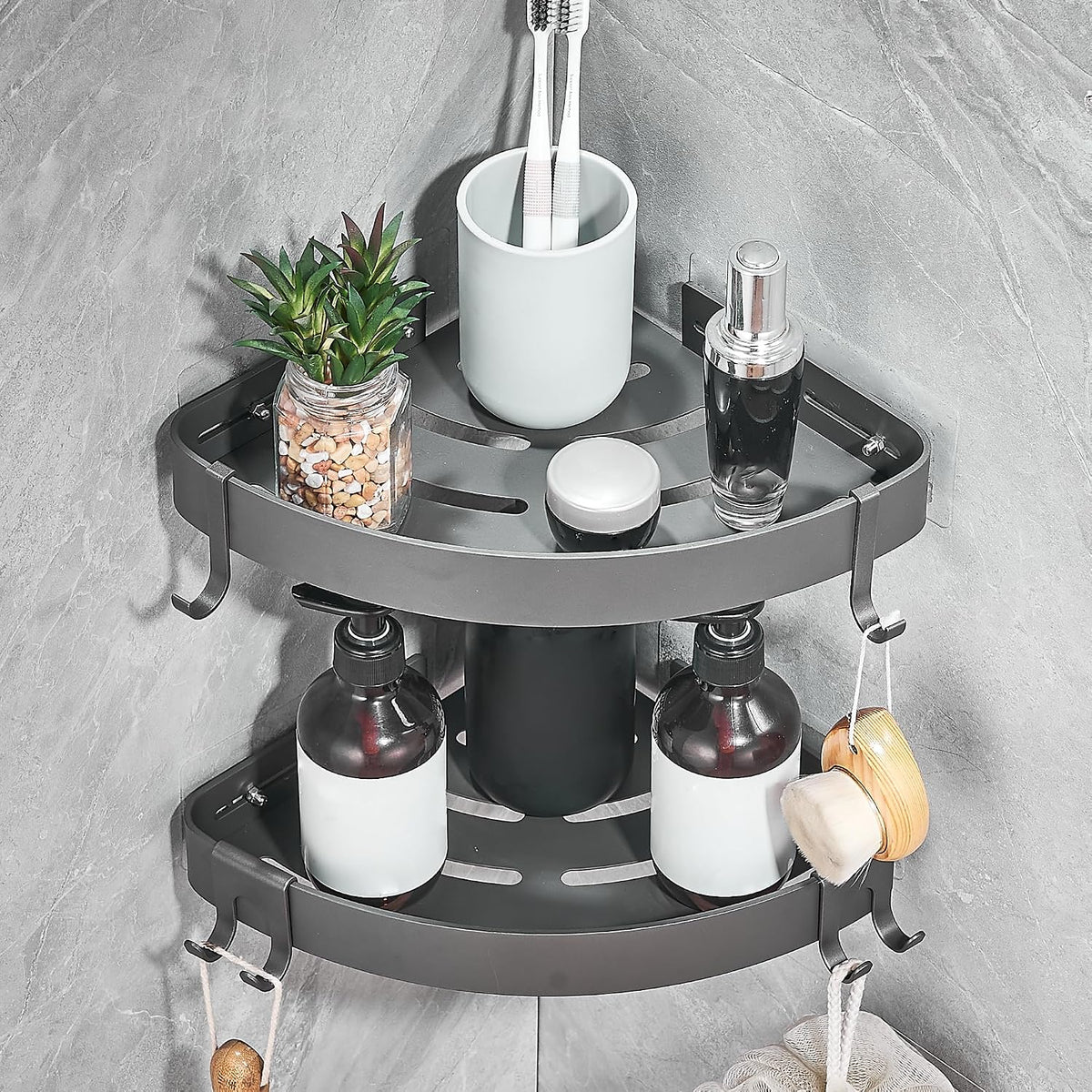 DUFU Adhesive Corner Shower Caddy with Hooks, Grey, 2 Pack