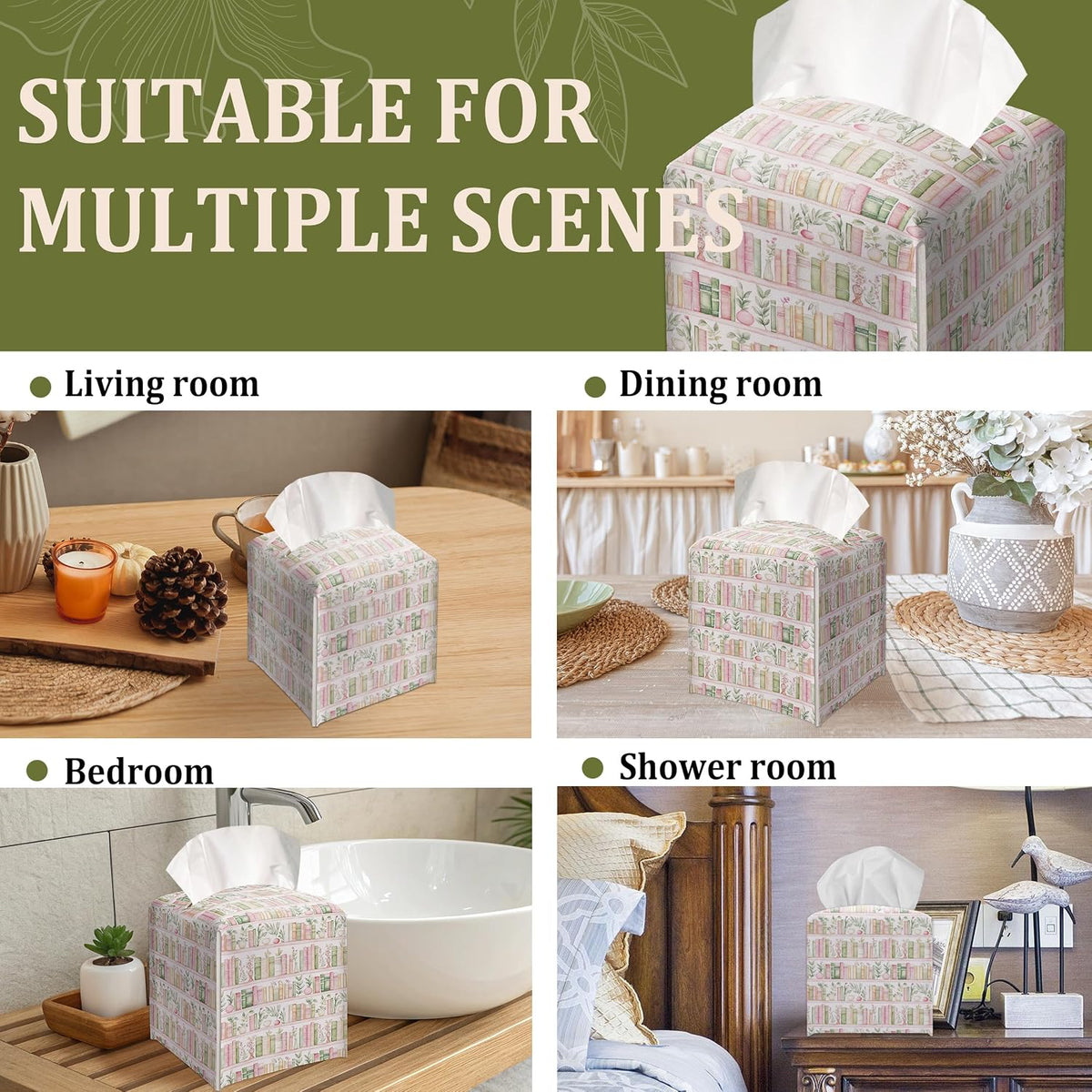 Booklover's Library Decorative Leather Tissue Box Cover - Tissue Box Holder Gifts for Women Family and Friends Funny Unique Home Decor Decorative for Kids Room Kitchen Bathroom Office - A10