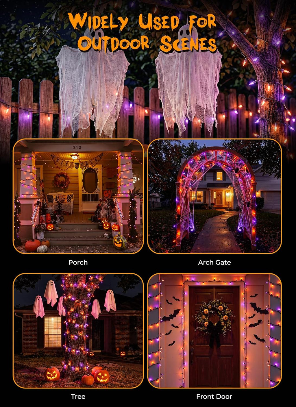 4 Pack 200LED 64FT Purple Orange Halloween String Lights, Battery Operated