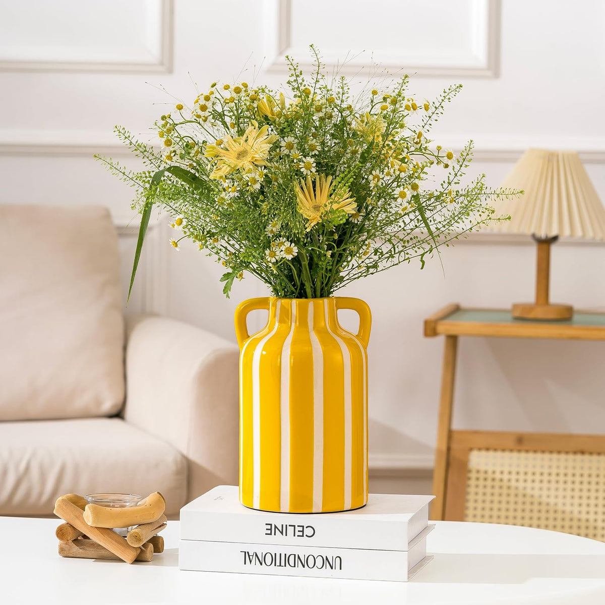 SURE YUESI Yellow Ceramic Vase with Handles, Modern Farmhouse Striped Decorative Vase, 9.1" Art Deco Tall Flower Vases for Pampas Grass, Shelf Decor, Dining Table Centerpiece, Living Room Home Decor