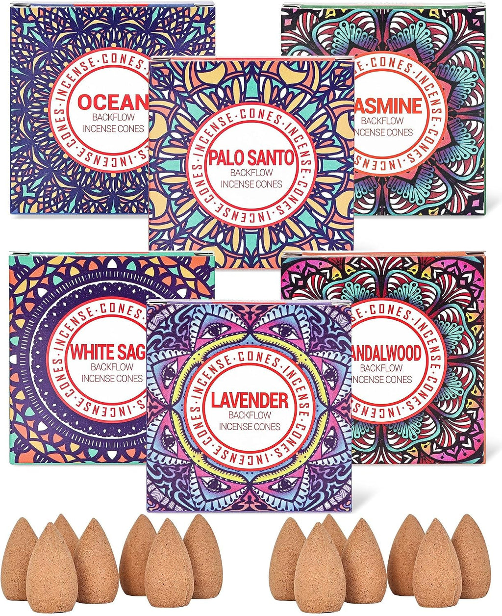 Backflow Incense Cones - 6 Mixed Natural Scents - Sandalwood, Lavender, Jasmine, Ocean, White Sage, Palo Santo, for Purification, Relaxation, Yoga, Meditation