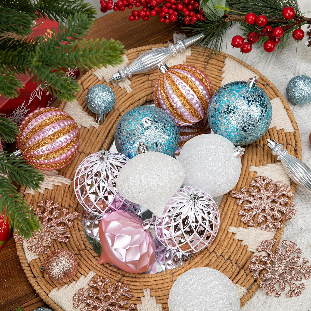 Hollyone Christmas Balls Ornaments Set, 50pcs Glitter Pink Blue and White Shatterproof Christmas Ball Snowflakes Tree Ornaments Hanging Ball Decoration for Xmas Tree Wreath Garland Wedding Home Decor