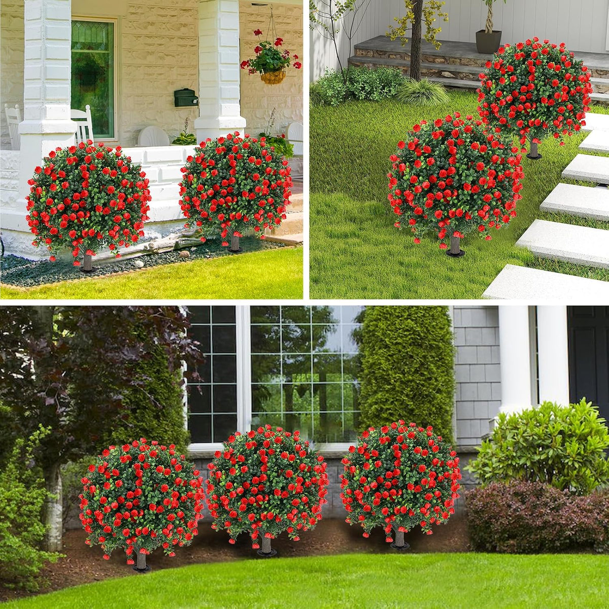 Set of 2 Artificial Red Rose Topiary Ball Tree,25" with Ground Spike