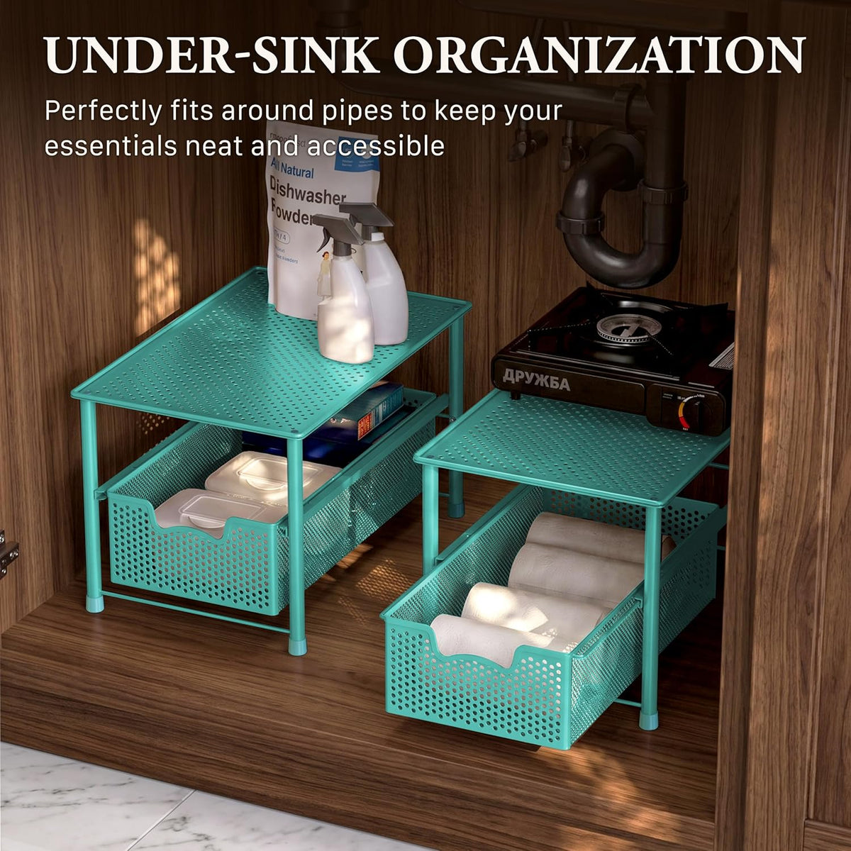 Simple Houseware Stackable Under Sink Sliding Basket Drawer, Turquoise