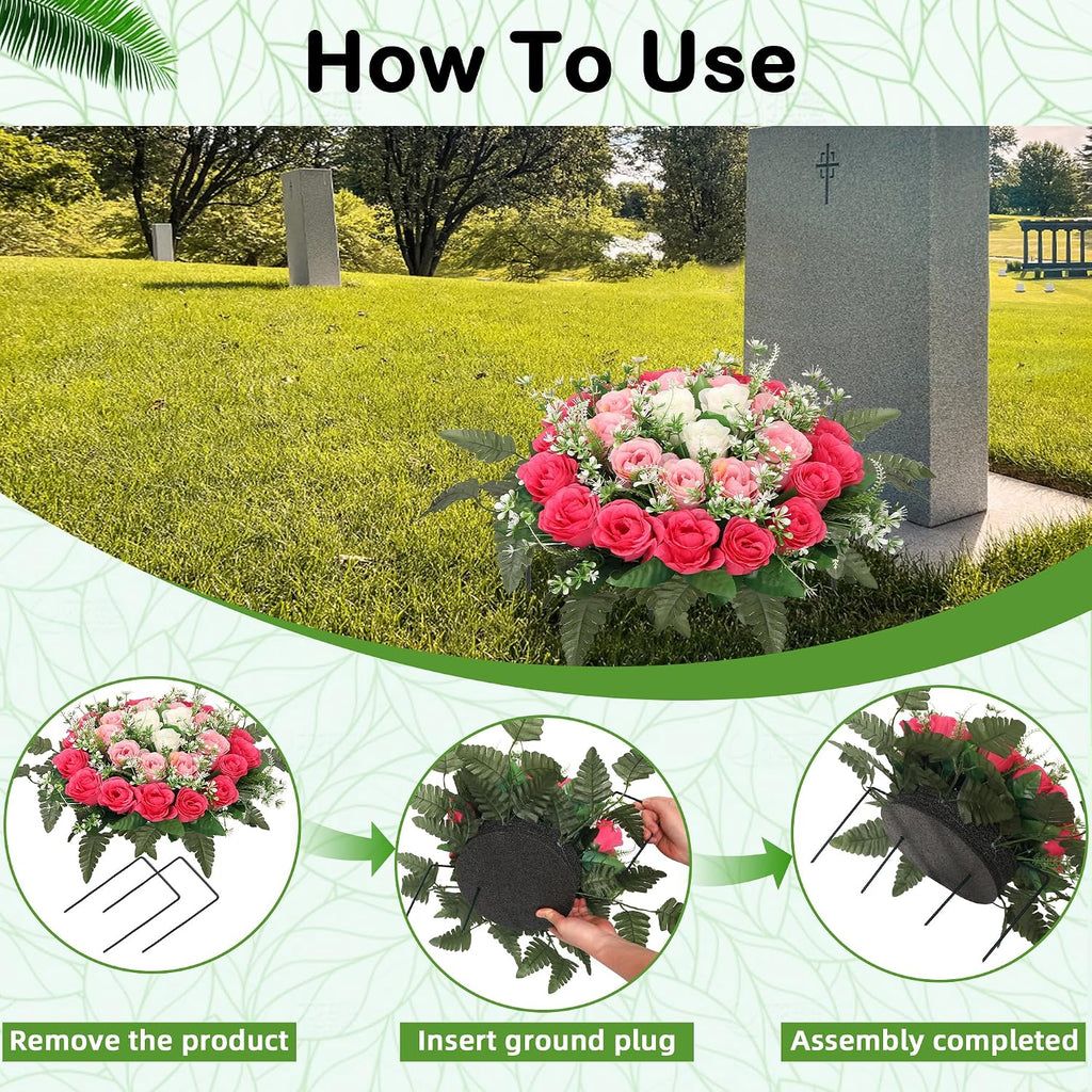 Lodou Artificial Cemetery Flowers,Silk Memorial Cake for Cemetery,Artificial Flower Centrepieces for Tables,Artificial Rose Graveyard Memorial Flowers for Headstones Decoration (Pink)
