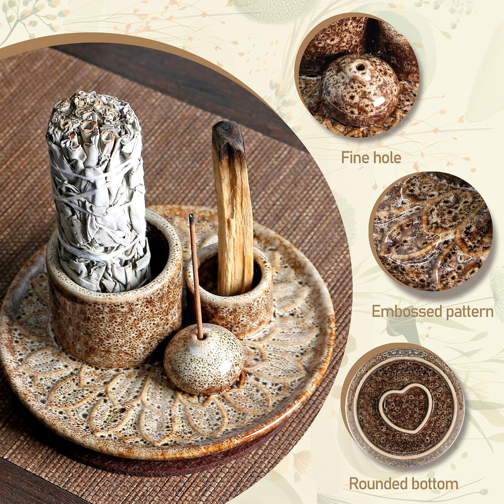 4 in 1 Ceramic Incense Burner, Sage Holder for Burning Bowl, Palo Santo Sticks Holder, Smudge Stick Ash Catcher Tray for Meditation Yoga Room (White)