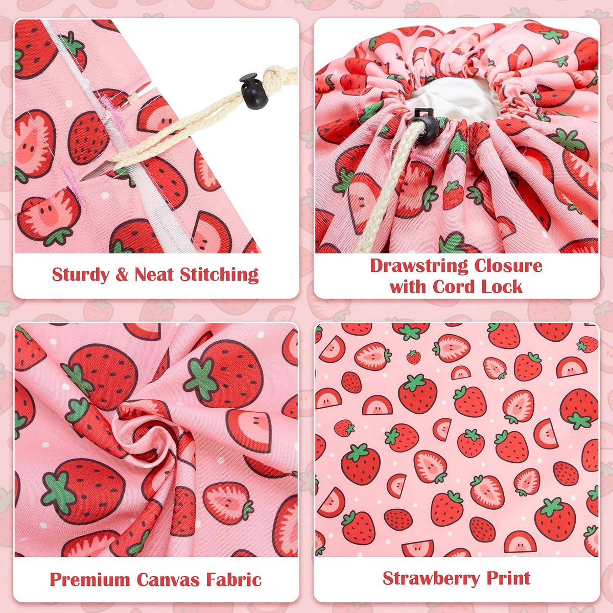 Canvas Laundry Bag with Shoulder Strap Drawstring, Strawberry, 23"W x 29"H