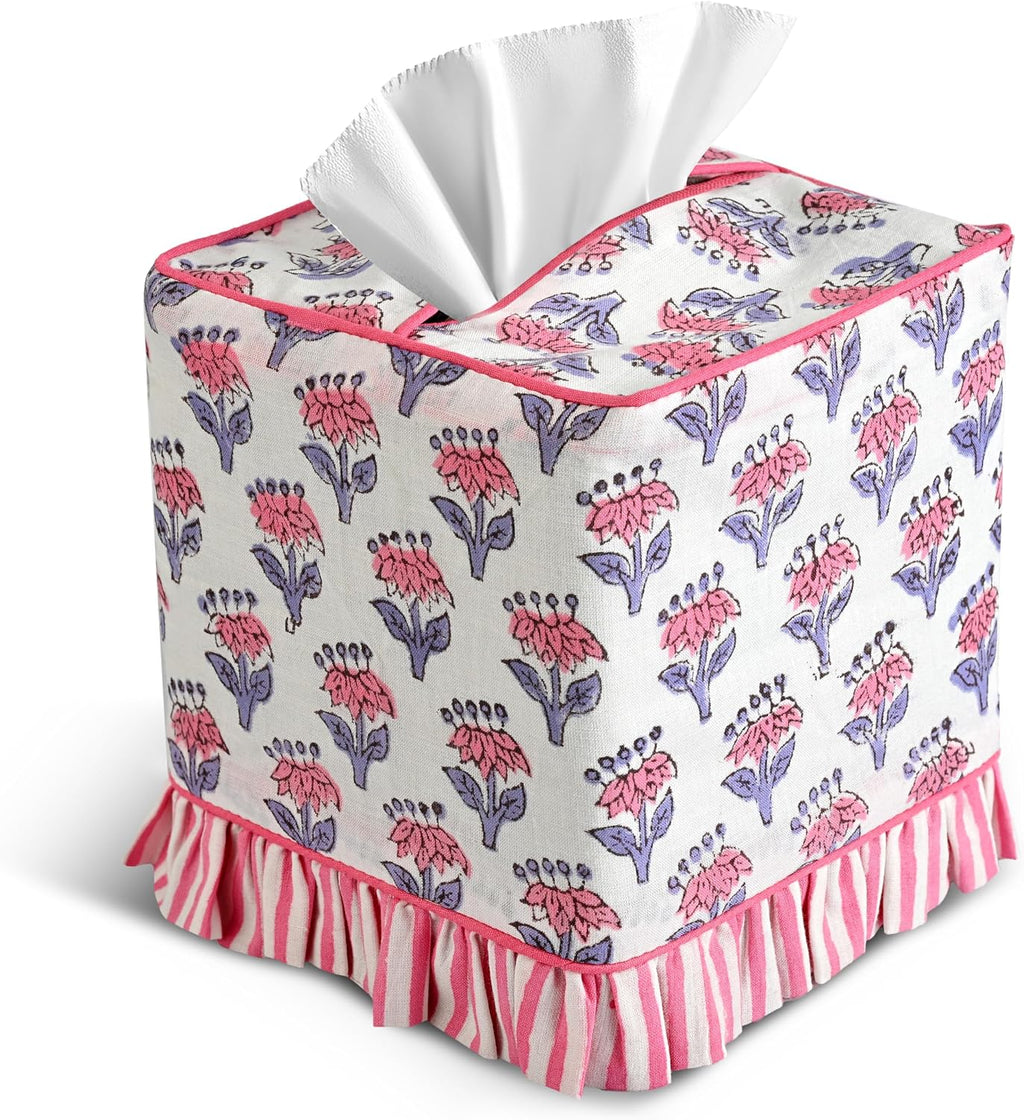 CPC 100% Cotton Ruffle Block Print Tissue Box Cover, Pink Sapphire