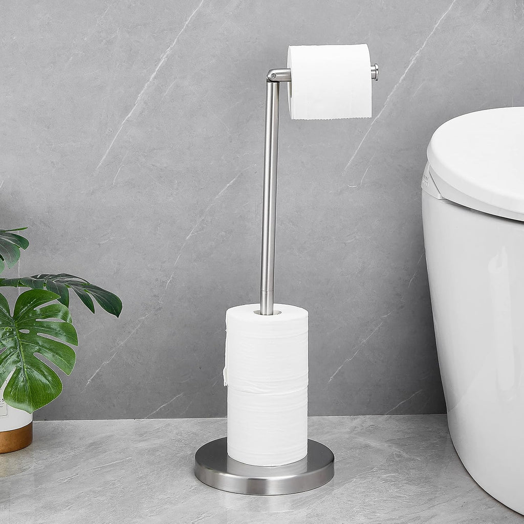 Foldable Toilet Paper Dispenser SUS304 Stainless Steel Free Standing Toilet Paper Holder Stand Modern Floor Bathroom Storage Freestanding 4 Rolls of Toilet Tissue Stand (Brushed Nickel Finish)