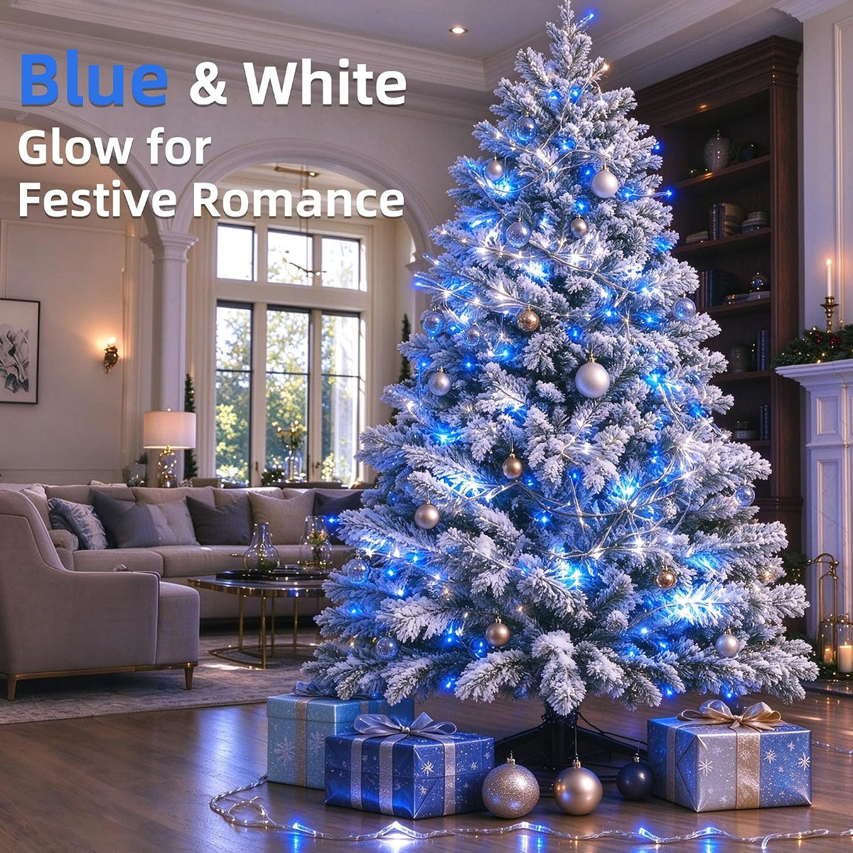 WISD Christmas Lights 43ft 200 LED Fairy String Lights with 8 Modes and Memory, Plug in String Lights for Indoor Outdoor Christmas Tree Home Garden Wedding Party Decoration, Blue+White