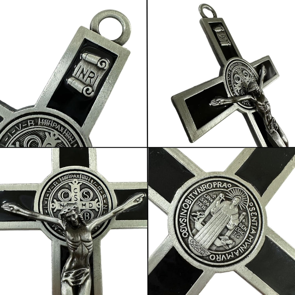 BONITTER Antique Silver Crucifix Wall Cross-St. Benedict Metal Wall Art-5.0 InchX2.7 Inch Black White Brown Enamel Give Blessing and The Spiritual Sacred:Faith Gift for your Acquaintances (Black)