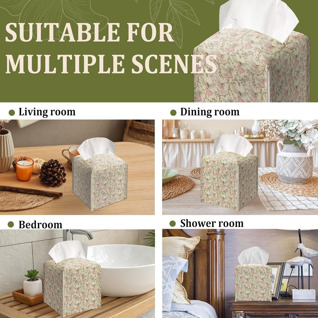 Vintage Flower Fairy Decorative Leather Tissue Box Cover - Tissue Box Holder Gifts for Women Family and Friends Funny Unique Home Decor Decorative for Kids Room Kitchen Bathroom Office - A32