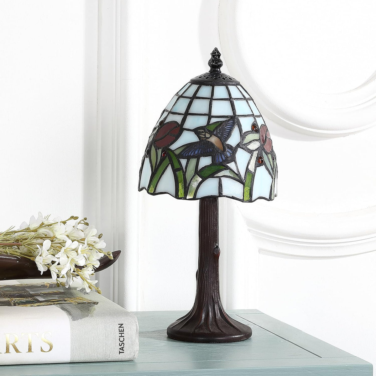 JONATHAN Y Hummingbird Tiffany-Style Table Lamp 12" Stained Glass, Bronze