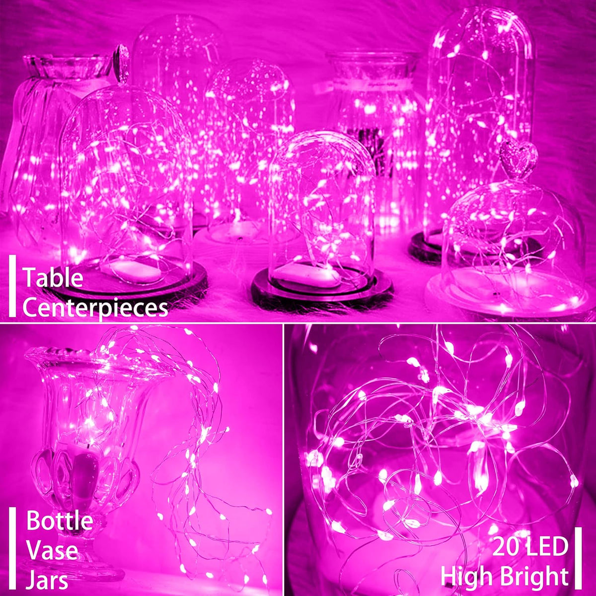 SunKite 16 Packs 20 LED Fairy String Lights Battery Operated Waterproof 6.6 Feet Silver Copper Wire Firefly Starry Moon Lights for DIY Costume Wedding Party Bedroom Table Decor (Pink)