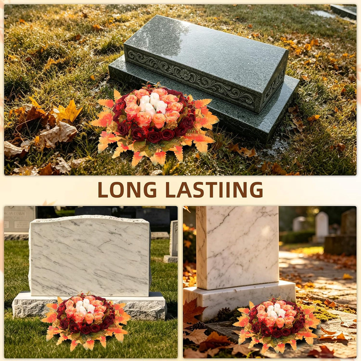 Lodou Artificial Cemetery Flowers,Silk Memorial Cake for Cemetery,Artificial Flower Centrepieces for Tables,Artificial Rose Graveyard Memorial Flowers for Headstones Decoration (Autumn Red)