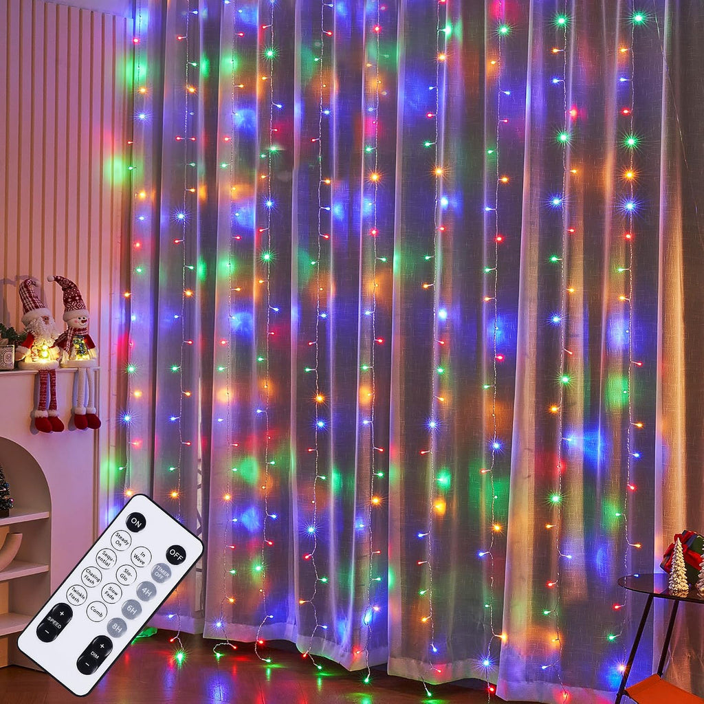 WATERGLIDE 300 LED Curtain Lights, Remote Control Christmas Decorative Hanging String Lights, 8 Lighting Mode, Plug in for Indoor Outdoor Holiday Party Garden Backdrop Wedding Home Decor, Multicolor