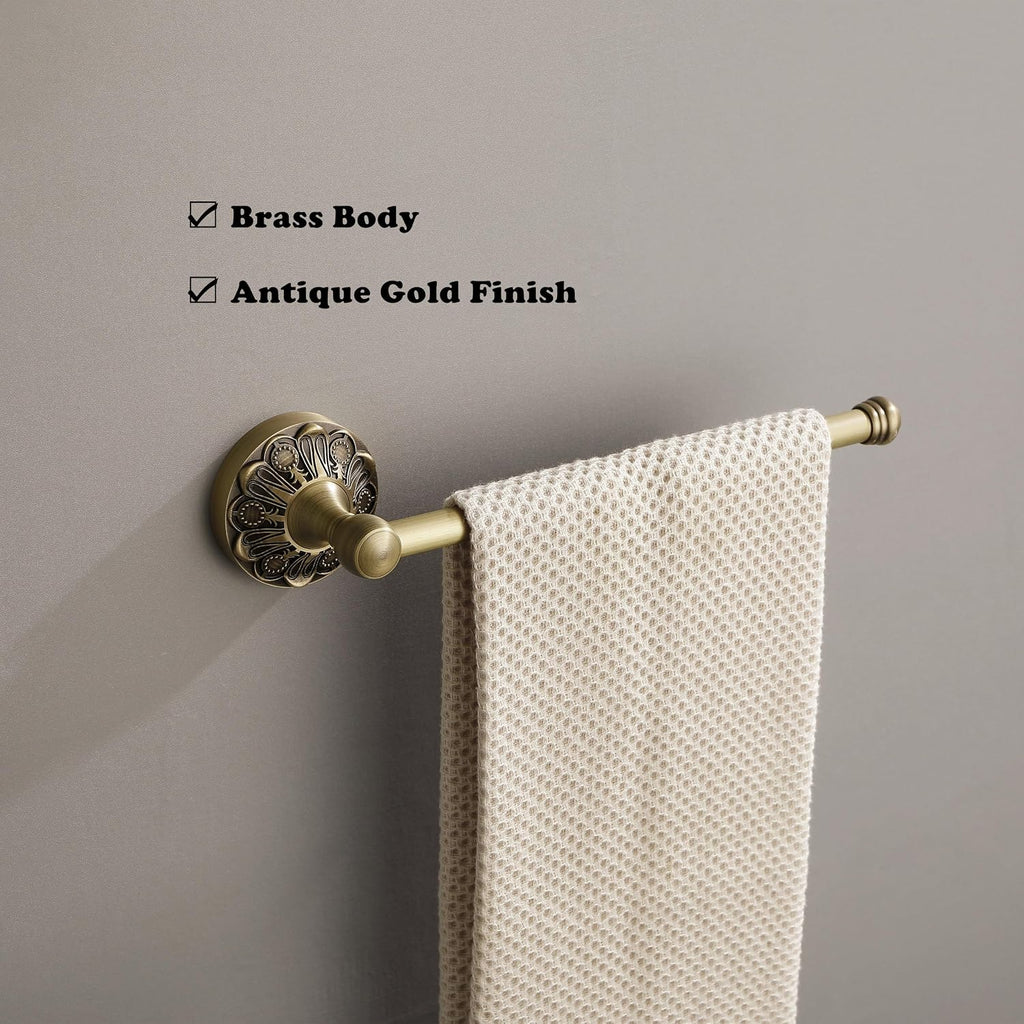 Antique Brass Hand Towel Bar, 12 inch Open-Ended Small Towel Holder Wall Mounted, Vintage Gold Decorative Bathroom Accessories, Brass Petal-Relief Series