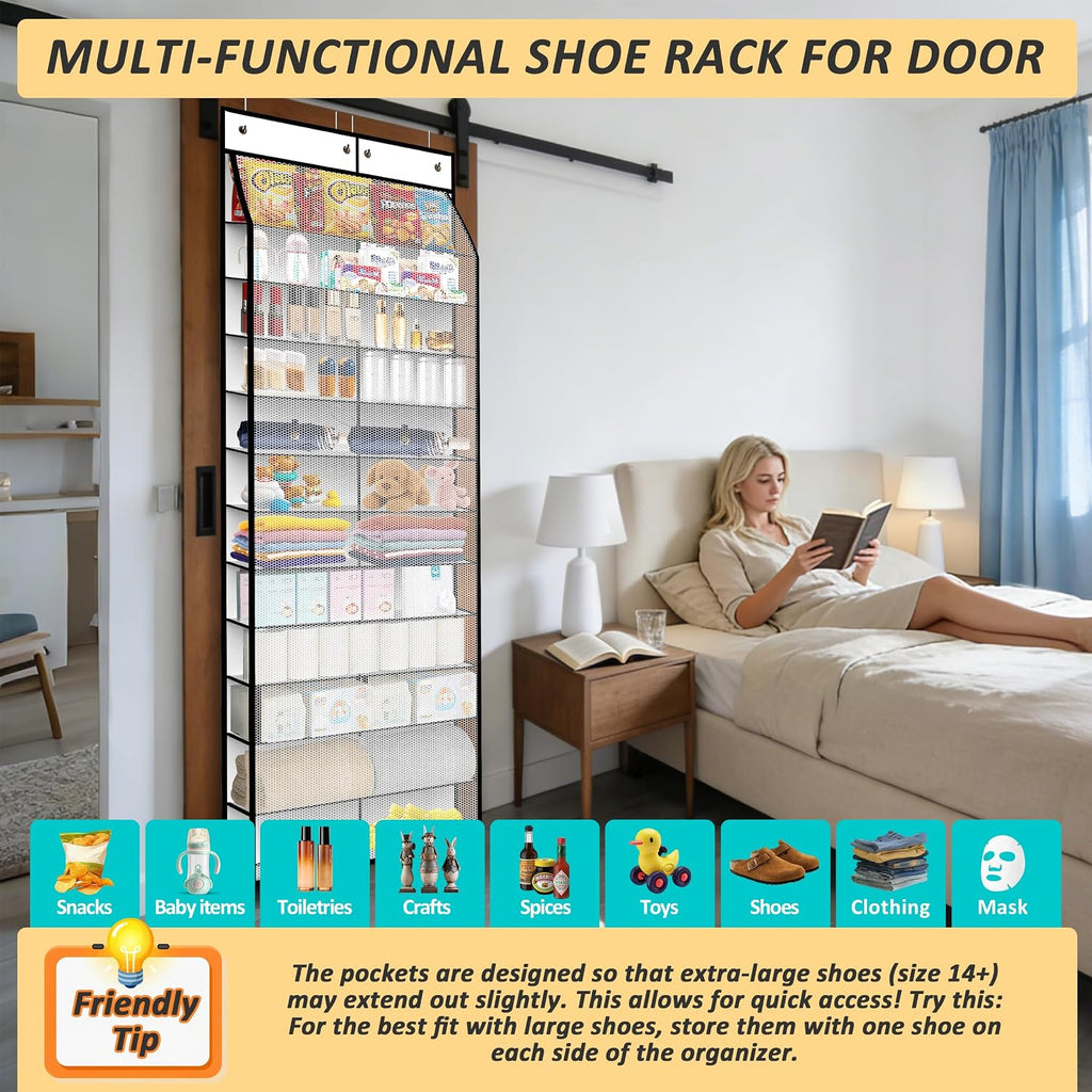 Kotkn 24-Pair Over Door Shoe Organizer for Family & Kids, Double Sided | Hanging Storage for Sneakers, Boots, Toys & Room Organization-Pearl White