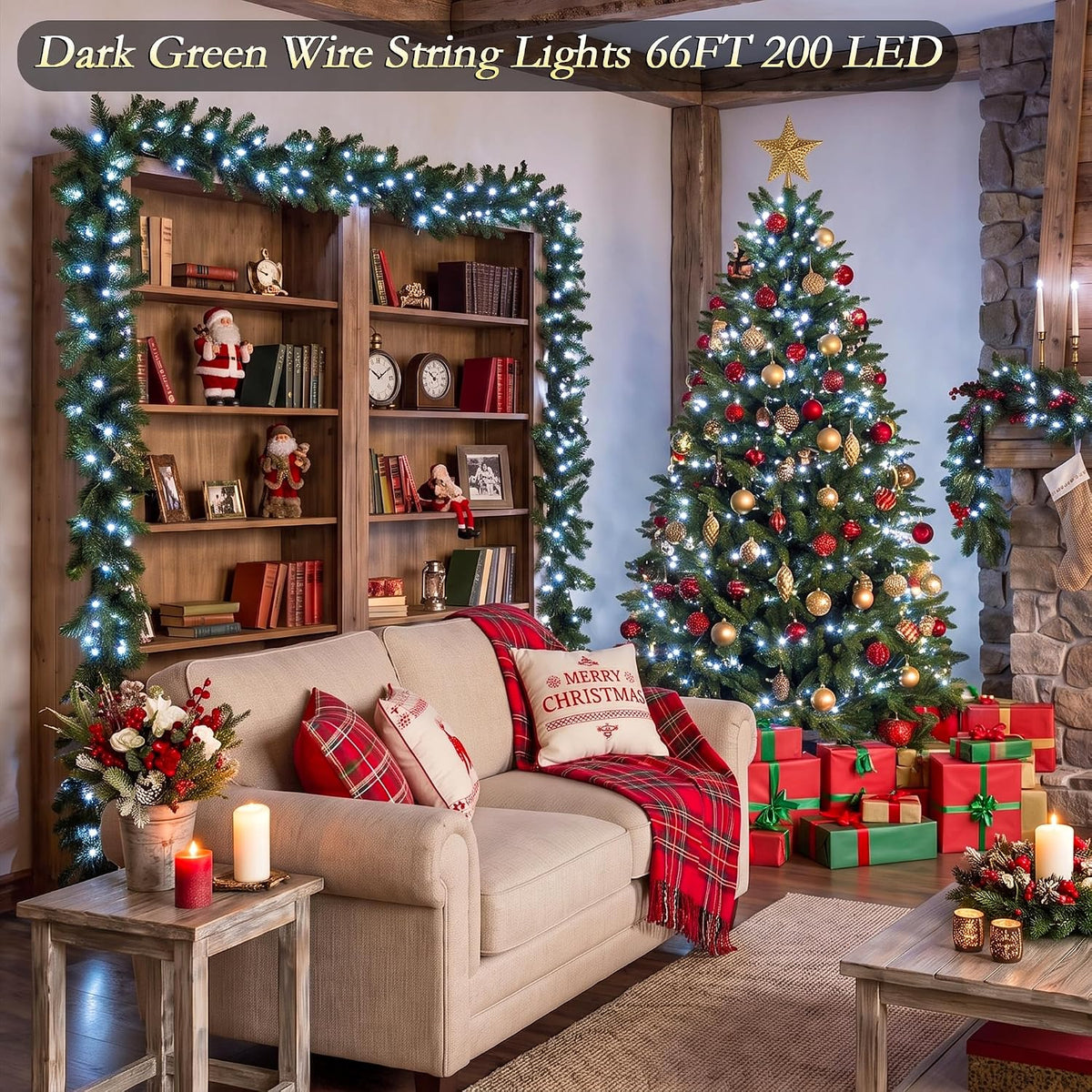 66FT 200 LED White Fairy Lights, Dark Green Wire 8 Modes Timer, IP44 Waterproof Outdoor Indoor String Lights for Patio Garden Backyard Bedroom Classroom Weeding Christmas Decor