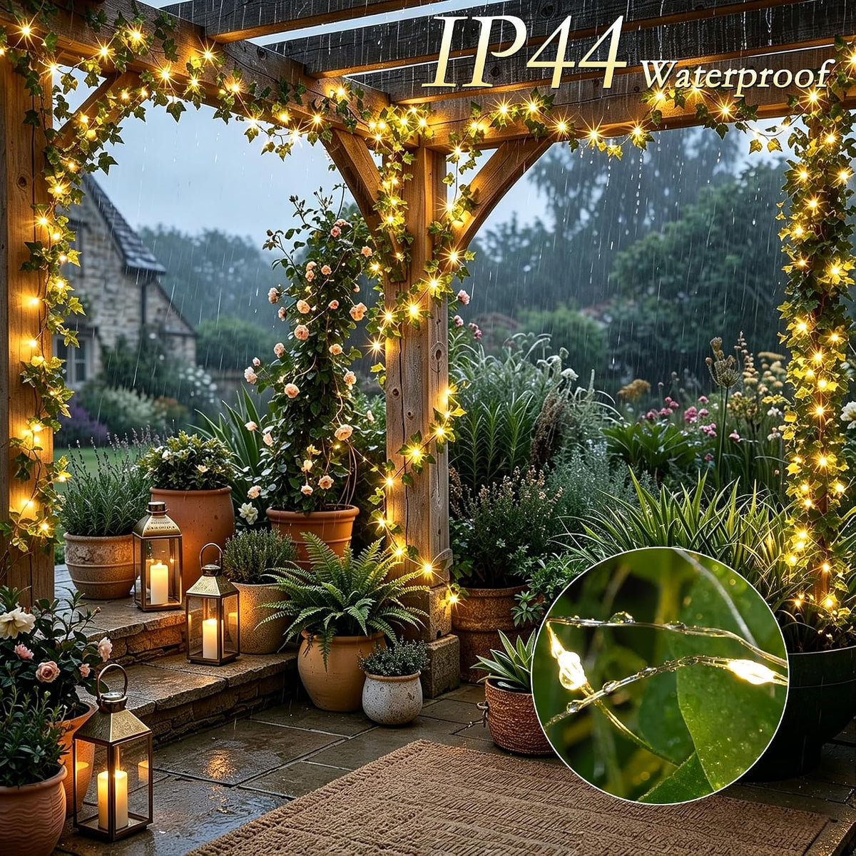 33FT Ivy Vines with Fairy Lights, IP44 Waterproof 100LED String Lights with 8 Modes & Timer, Battery Operated Artificial Greenery Garland for Aesthetic Bedroom Wall Decor, Party, Wedding