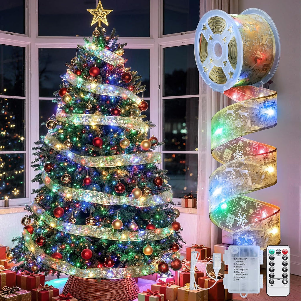 JMEXSUSS 66Ft 200 LED 2.5Inch Christmas Tree Ribbon Lights Christmas Decor