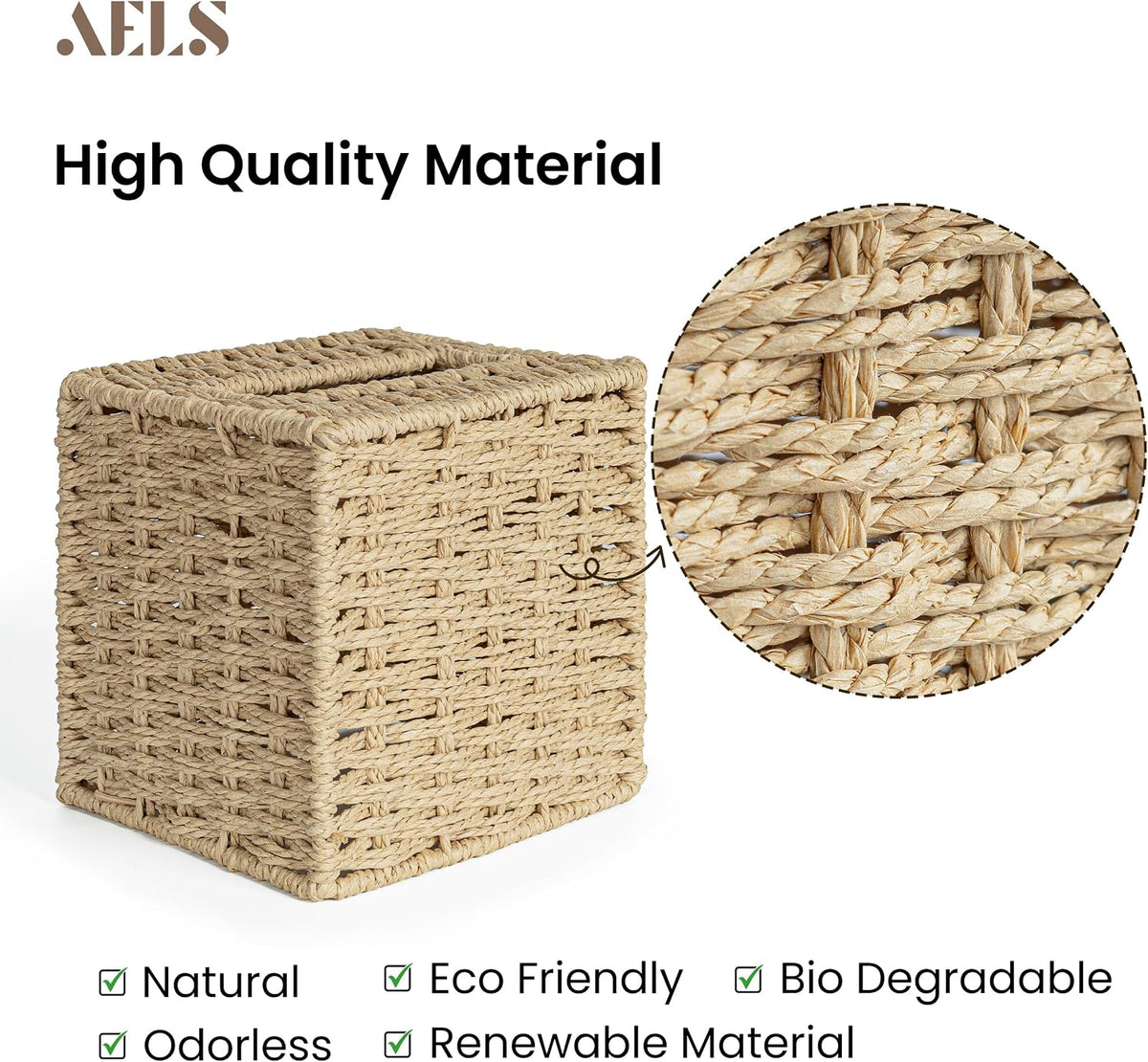 AELS Farmhouse Tissue Box Cover Square, Hand Woven Strawpaper Facial Tissue Paper Holder, Cute Tissue Box Holder Square, Boho Bathroom Decor Box for Tissues Cube Box w/Elastic Bottom, Beige