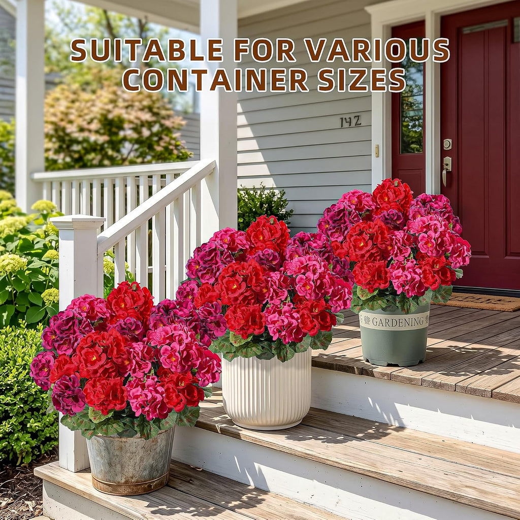 Geraniums Artificial Flowers for Outdoors, 2 Pack Potted Plants Faux Geraniums Bush Artificial Topiaries Realistic UV Resistant Fake Flowers Greenery for Outside Gardens Porch Patio Yard Indoor, Mix