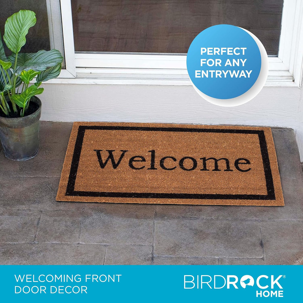 BIRDROCK HOME Welcome Coir Doormat | 18 x 30 Inch | Standard Welcome Mat with Black Border and Natural Fade | Vinyl Backed | Outdoor