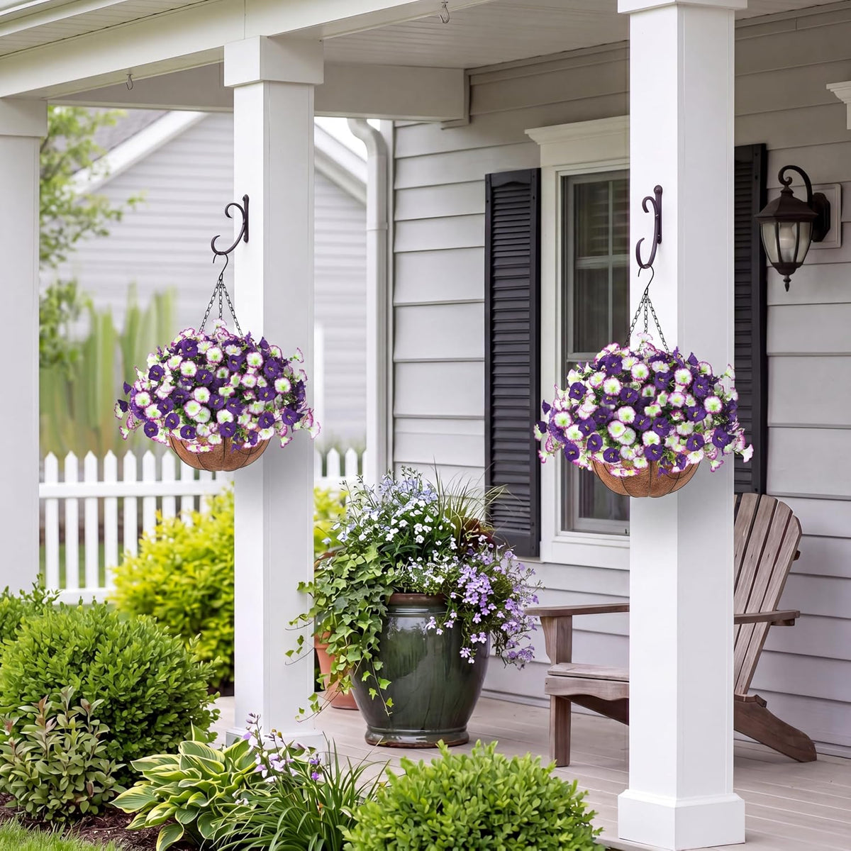 Artificial Flowers for Outdoors with Baskets Hanging Plant Faux Flowers UV Resistant Fake Silk Morning Glory with Eucalyptus for Planter Porch Garden Home Spring Summer Decoration(Gradient Purple)