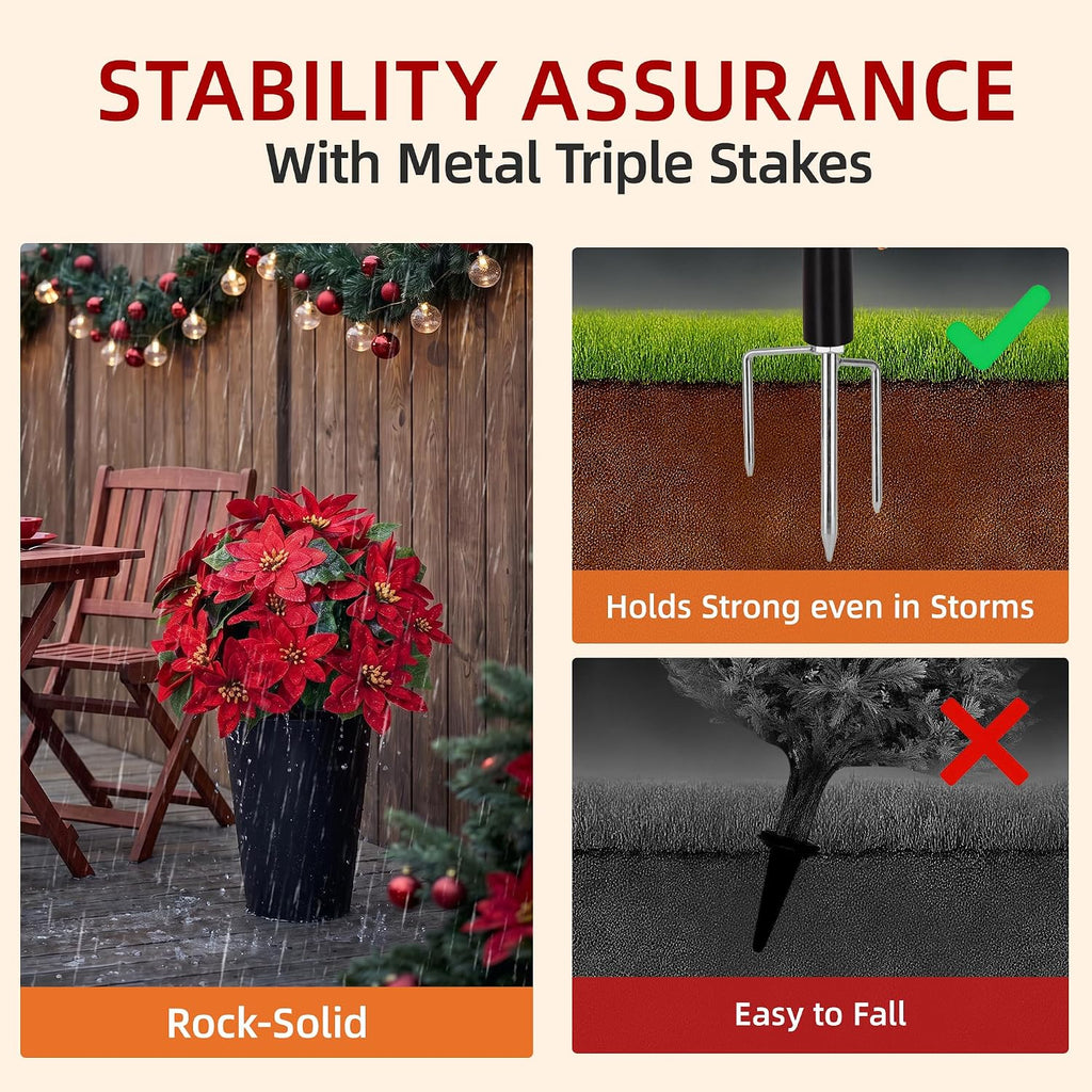 Artificial Christmas Poinsettia Flower Topiary Shrubs, Faux Greenery Ball Bush for Christmas Decoration,24.8" Fake Tree with Ground Spike,UV Resistant Plants for Front Porch Outdoor Decor,Set of 2