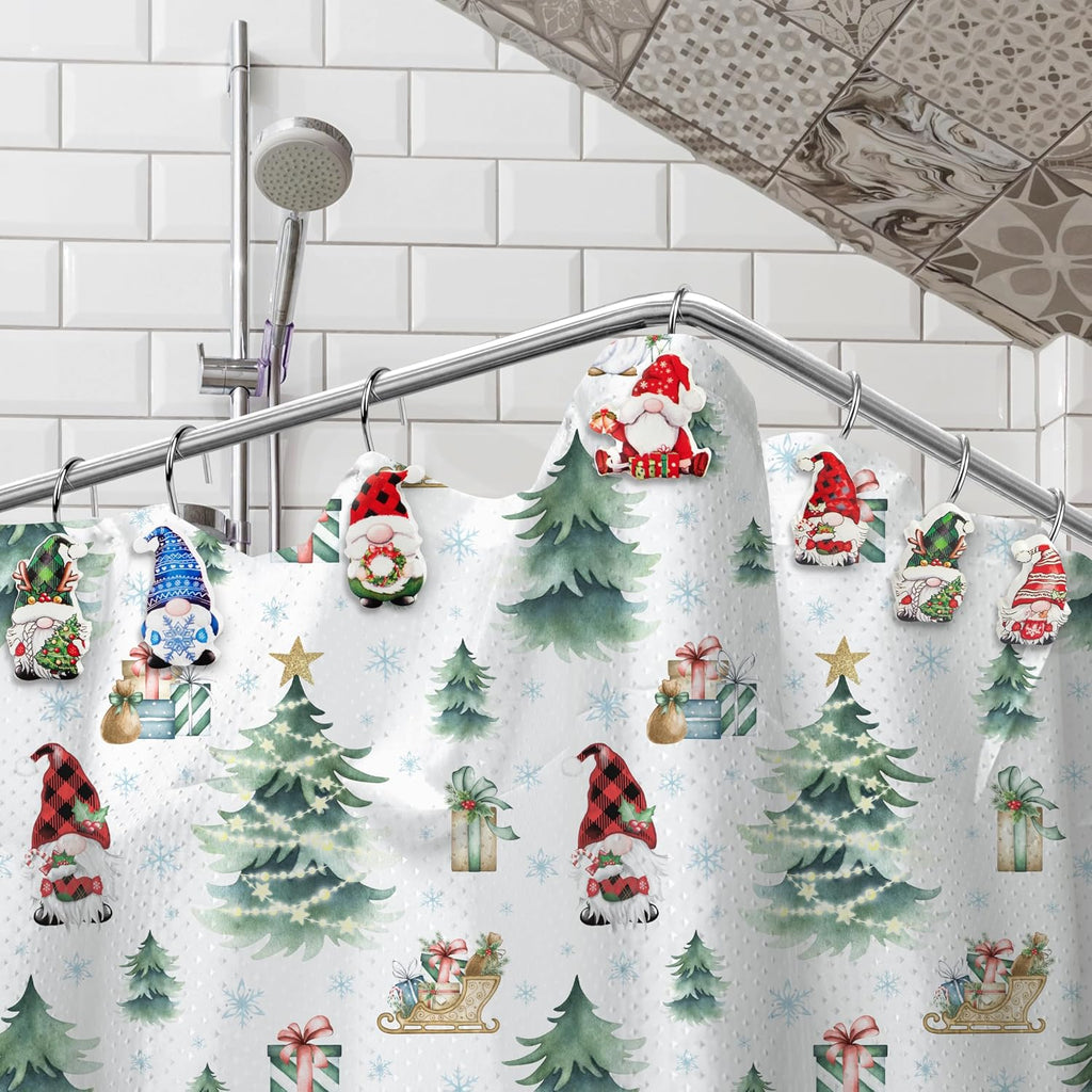 12 Pack Christmas Gnome Shower Curtain Hooks, Rustproof Decorative Rings