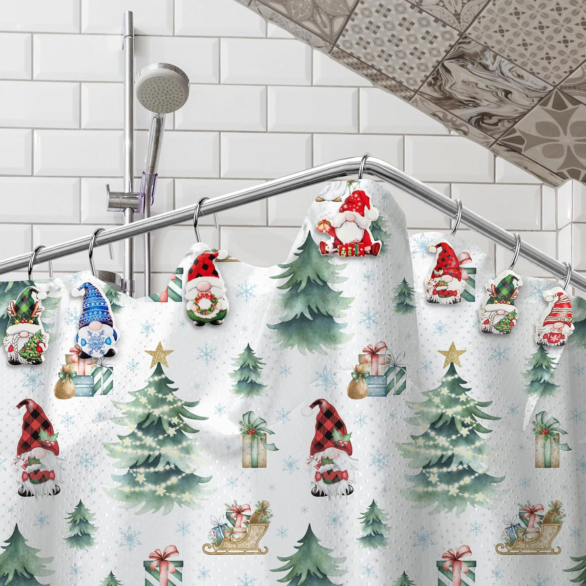 12 Pack Christmas Gnome Shower Curtain Hooks, Rustproof Decorative Rings